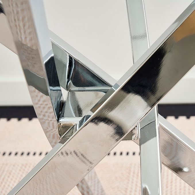 Goujxcy 5 Piece Glass Dining Table Set Modern Small Glass Dining Table Set for 4, 35.43" Square Kitchen Table and 4 Velvet Upholstered Chairs for Kitchen Dining Room, Silver & Blue