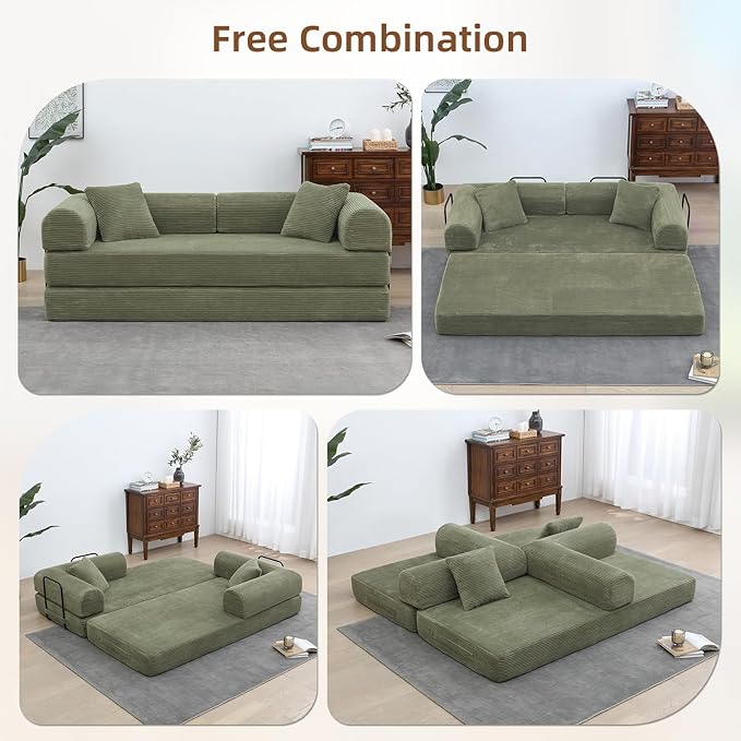 Rovibek 4-in-1 Convertible Sleeper Sofa Bed Queen Size, Foldable Floor Couch Corduroy, Folding Futon Sofa Beds with Pillow and Fixed-Shape Frame, Suitable for Living Room, Bedroom, Lounge, Light Green