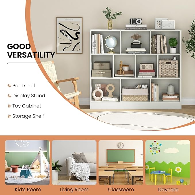 Costzon Wooden Toy Storage Organizer, 10-Cube Kids Bookshelf w/ 2 Anti-Toppling Kits, 3 Tier Open Shelves & Non-Slip Foot Pads, Book Shelf for Kids Rooms, Playroom, Classroom, Nursery (White)