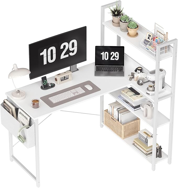 Treesland 47 Inch Computer Desk with Bookshelf, Corner Desk with Storage, L Shaped Desk, Home Office Desks, Writing Study Desk for Bedroom, White