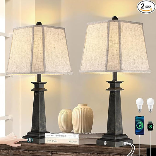 27.5" Table Lamps Set of 2, 3-Way Dimmable Touch Lamps for Nightstand, Farmhouse Table Lamp for Living Room and Bedroom with USB A+C Charging Ports, Bulbs Included (Black)