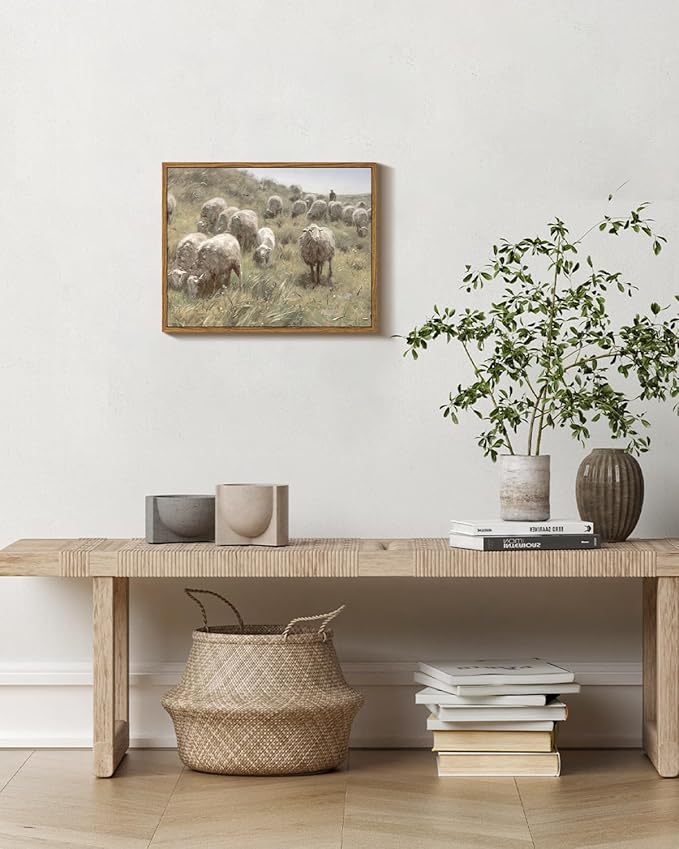 InSimSea Framed Canvas Wall Art Vintage Decor, Landscape Wall Art Prints, Sheep Grazing amidst the Hills Canvas Art Wall Decoration, Vintage Art Farmhouse Bedroom, 11"x14"