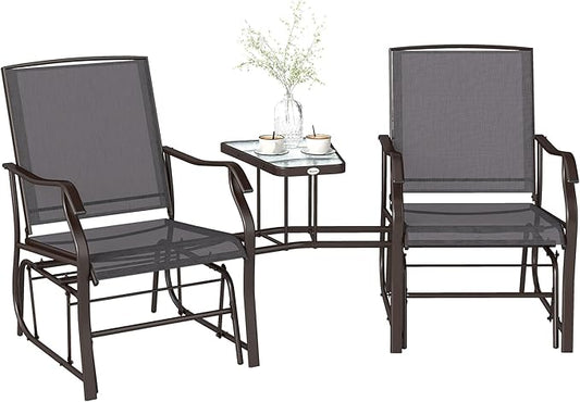 Outsunny Outdoor Glider Chairs with Coffee Table, Patio 2-Seat Rocking Chair Swing Loveseat with Breathable Sling for Backyard, Garden, and Porch, Gray