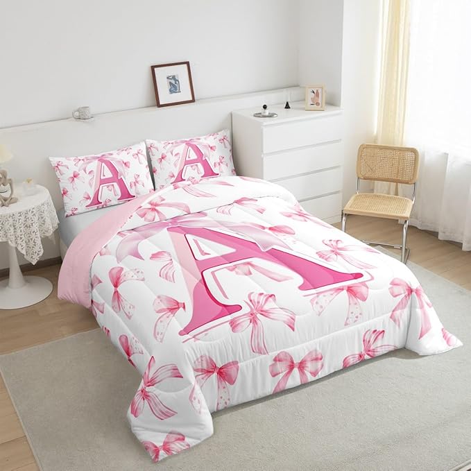 jejeloiu Kids Girls Cute Pink Bow Comforter Set Twin Size Monogrammed Bedding Set Ultra Soft Personalized Initial A Duvet Quilt Coquette Bow Knot Quilt Set Room Decor Modern Fashion Comforter