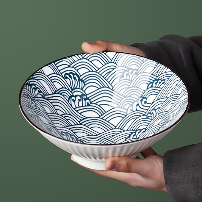 38 oz Japanese Ramen Bowl Set of 6 - Large 8 Inch Ceramic Soup Bowls, Blue and White Japanese Noodle Bowls for Pho, Ramen, and Salad - Wave Patterns