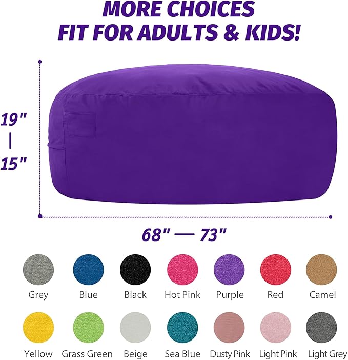 7FT Bean Bag Chair with Ultra Soft Velvet Cover Bean Bag Sofar with Memory Foam Bean Bag Chairs with Large Size Lazy Sofa for Dorm Office Living Room Bedroom Purple 7'