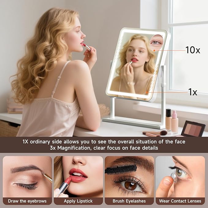 Vanity Mirror with Lights, Height-Adjustable & 360° Rotation, 1/10X Magnification, Three Color Lighting Modes, Makeup Mirror Smart Touch Control, Large Vanity Desk Mirror (17.5in,White)