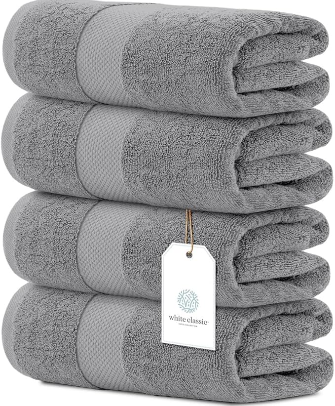 White Classic Luxury Bath Towels Set of 4 Large - 700 GSM Cotton Ultra Soft Bath Towels 27x54 | Highly Absorbent and Quick Dry | Hotel Towels for Bathroom Luxury, Plush Shower Towels, Light Grey