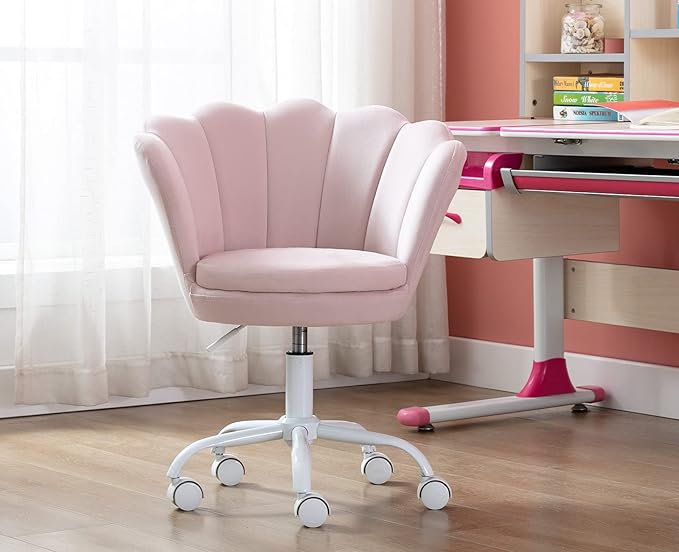 chairus Cute Kids Desk Chair Velvet Living Room Accent Armchair Upholstered Teens Vanity Chair with Seashell Back, Adjustable Swivel Children Study Chair for Computer Homework, Pink