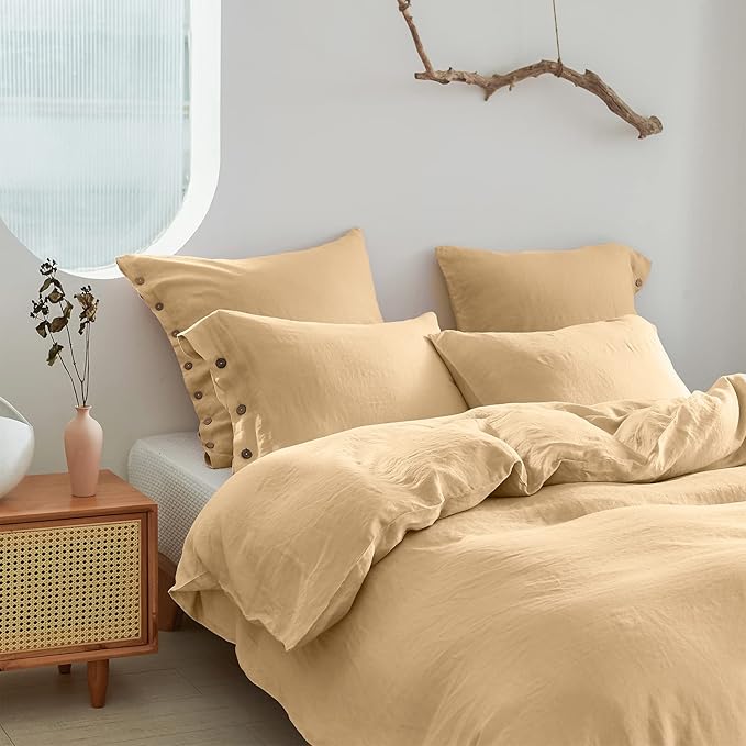 Simple&Opulence 100% Washed Linen Euro Sham Cover, 26 x 26 Inch, Decorative Bed Pillow Cover with Coconut Button, Solid Color Pillow Shams Set of 2 (Sand)