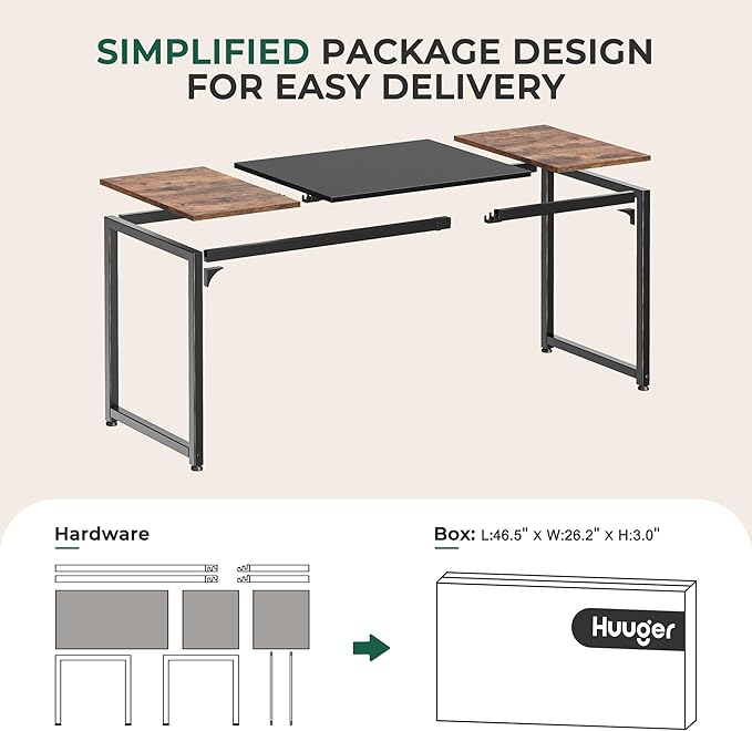 Huuger Computer Desk, 63 Inch Office Desk, Gaming Desk Writing Desk, Work Desk for Home Office, Study, Modern Simple Desk, Large Legroom, Metal Frame, Rustic Brown and Black