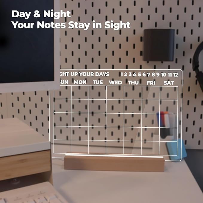 Dry Erase Calendar with Light, 13x9, USB-Powered Light Up Whiteboard, Includes 4 Markers & Eraser, Monthly Planner, Productivity Tracker, Home & Office Calendar