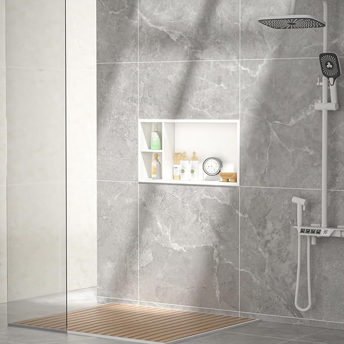 Stainless Steel Shower Niche 24" X 12" White No Tile Needed Horizontal Niche Shower with Shelf Recessed Wall Niches for Bathroom Storage
