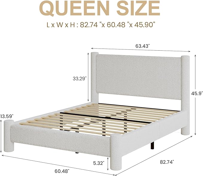 Queen Size Bed Frame, Boucle Upholstered Platform Bed with Headboard and Footboard, Soft Rounded Corners, No Box Spring Required, Easy Assembly, White