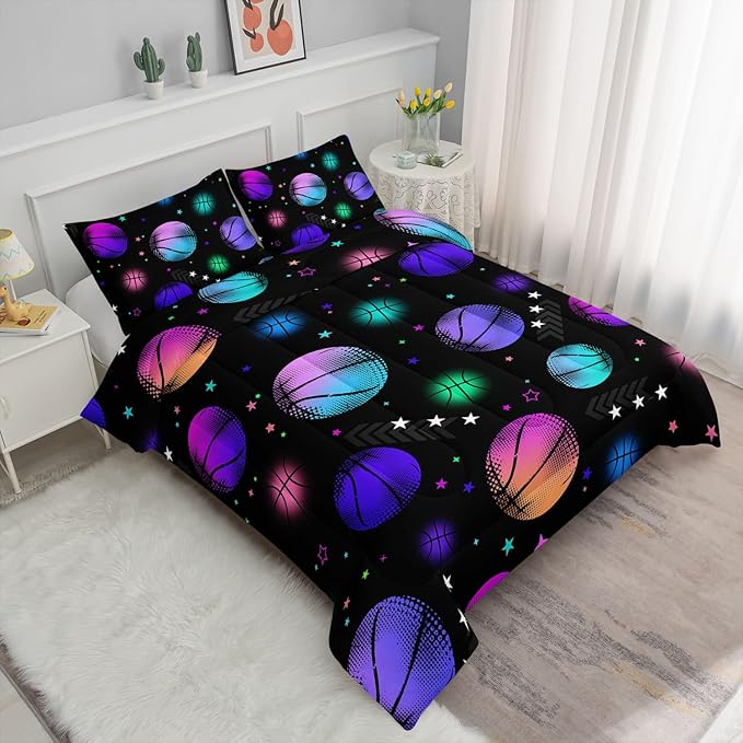 Kids Comforter Set Glowing Basketball Printed Pattern Bedding Set with 1 Comforter and 2 Pillowcases for Girls Boys Bedroom All Season(Basketball1 Full)