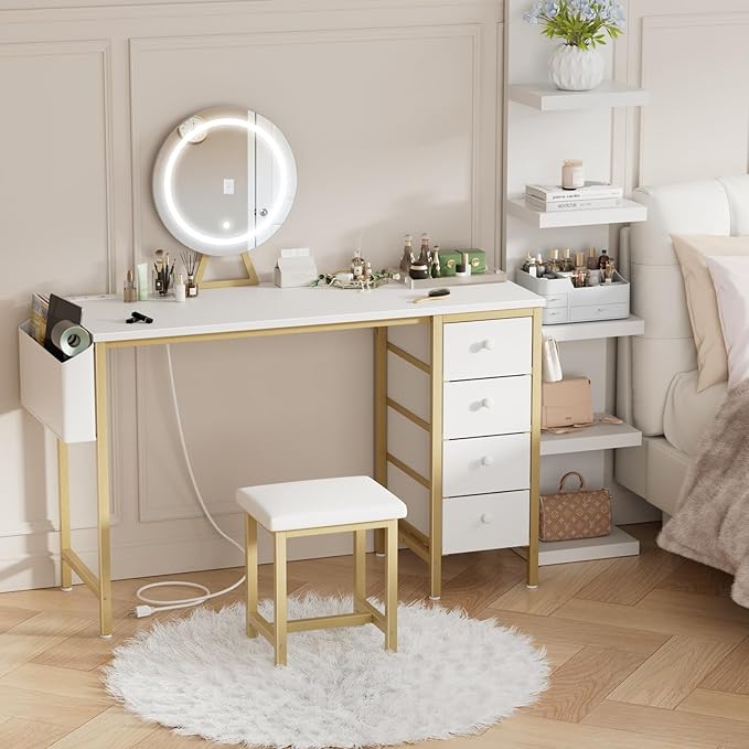 Gold Vanity Desk with Mirror and Light- Makeup Vanity Set Table with Chair, Storage, Lighted Mirror, 4 Large Fabric Drawers & Power Outlet, Dressing Table Vanities for Girls Bedroom