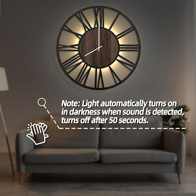 LEIKE Large Wall Clocks with Night Light Battery Operated,Silent Non Ticking,Rustic Modern Big Wood Clock for Living Room, Bedroom,Kitchen,Farmhouse,Office,Home Decor-32 Inch(Roman Numerals)