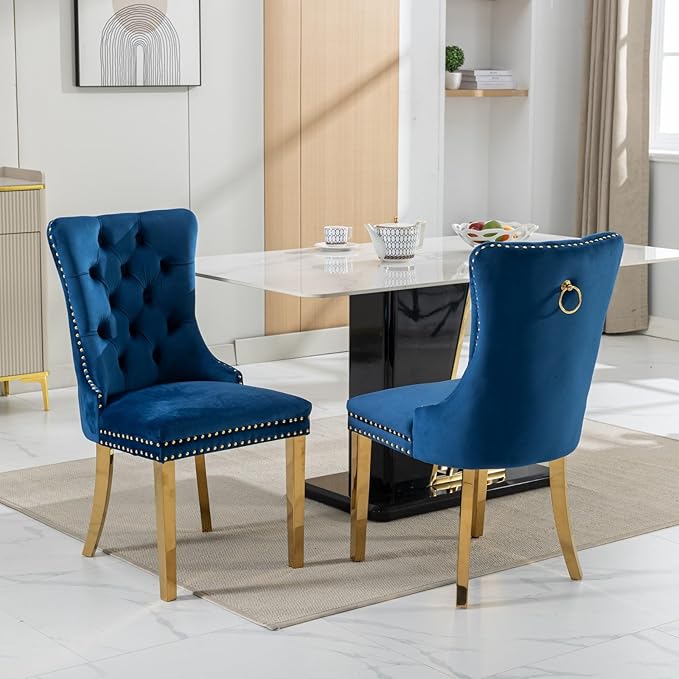 70" Marble Dining Table Set for 6, Modern 7 Piece Dining Room Table Set with White Faux Marble Dining Table & 6 Blue Velvet Upholstered Chairs, Luxury Gold Kitchen Table Chairs Set of 6