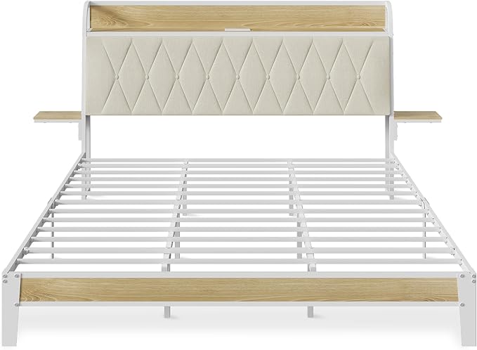 WLIVE King Size Upholstered Bed Frame with 2 Side Shelves, Linen Tufted Storage Headboard with Charging Ports and LED Light, Metal Solid and Stable, No Box Spring Needed, Easy Assembly, Beige