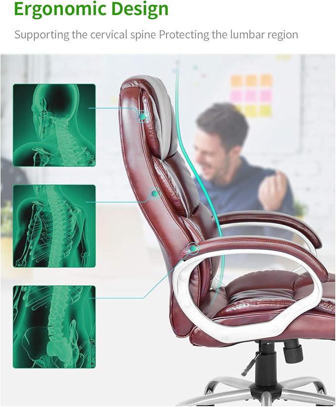 Office Chair Computer High Back Adjustable Ergonomic Desk Chair Executive PU Leather Swivel Task Chair with Armrests Lumbar Support (Brown)
