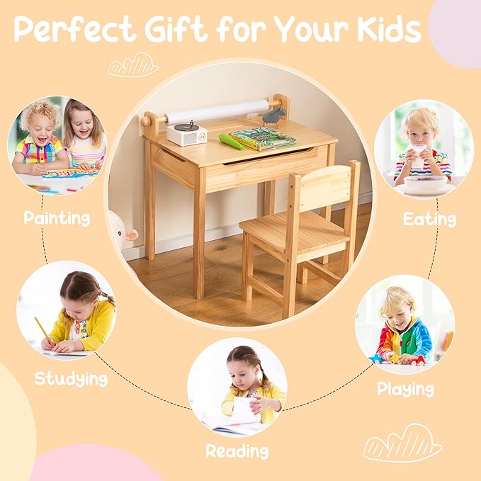 Costzon Kids Table and Chair Set, Flip Top Kids Art Craft Table w/Chair for Playroom Kindergarten, Toddler Drawing Writing Desk Set w/Paper Roll & 2 Markers, Gift for Boys Girls Ages 3+ (Natural)
