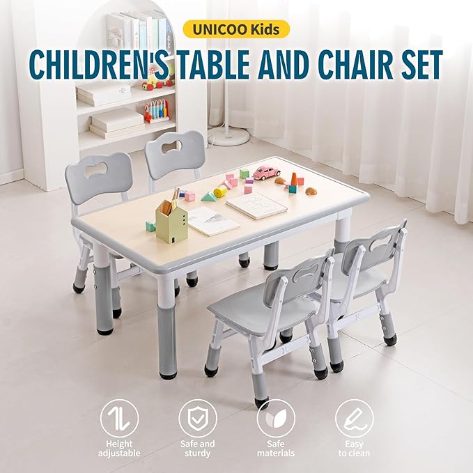 UNICOO Kids Table and Chairs Set, Height Adjustable Multi-Activity Preschool Table with Graffiti Desktop for Ages 2-8 - Versatile Kids Tables for Play, Learning, and Creativity(Maple Top/Gray Border)