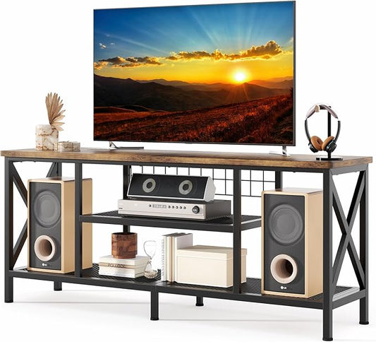 Gizoon 59.8" Industrial TV Stand for 55-65 Inch TVs, Rustic Brown, 3-Tier Media Entertainment Center with Open Shelves, Metal Frame, Sofa Table for Living Room, Bedroom, Office