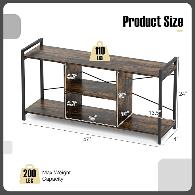 Tangkula Industrial TV Stand for 55” TVs, Entertainment Center with 4 Open Shelves, 3-Tier Media Console Table with Heavy-Duty Metal Frame & Side Guardrails for Living Room (Rustic Brown, 47" L)