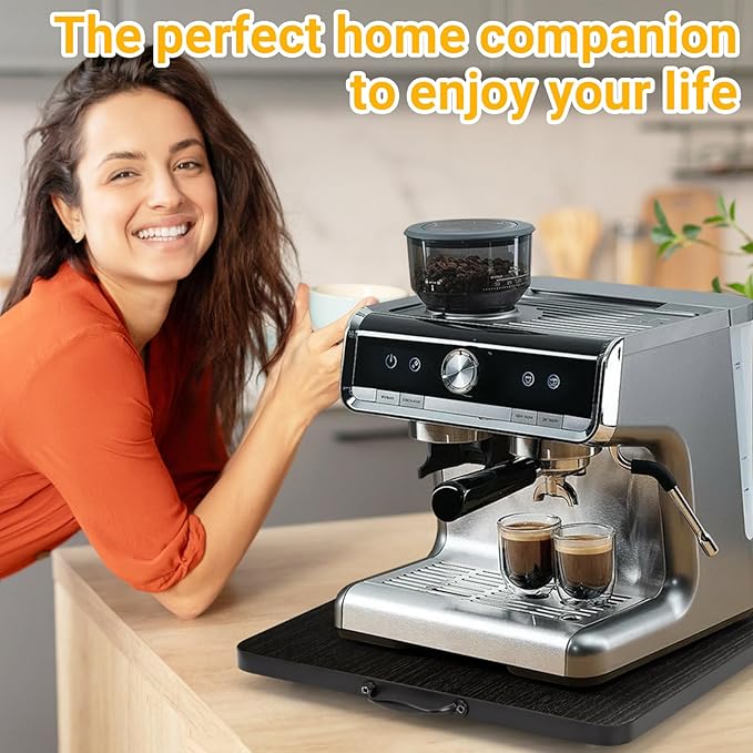 360° Rotatable Sliding Tray for Kitchen Appliances, Wooden Sliding Tray for Coffee Maker, Coffee Pot Slides for Countertop Installation, Easy to Slide (Black, Small)