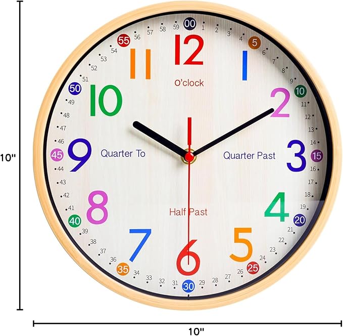 JoFomp Learning Clock for Kids | 10 inch Telling Time Teaching Wall Clock, Silent Non-Ticking Quartz Decorative Wall Clock for Teacher's Classrooms or Children's Bedrooms (Yellow)