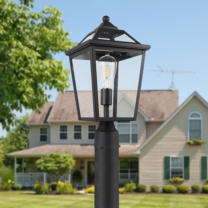 Colonial Outdoor Post Light Fixture, 8.5 Inch Large Modern Exterior Pillar Lantern with Black Finish & Clear Glass, Pole Light for Garden, Backyard, Courtyard, Patio, Pathway,RZ-033P BK-1