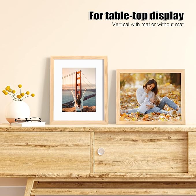 KINLINK 10x12 Picture Frame Natural, Solid Wood Frames with Acrylic Plexiglass for Pictures 7x9 with Mat or 10x12 without Mat, Tabletop and Wall Display Photo Frame, Set of 4