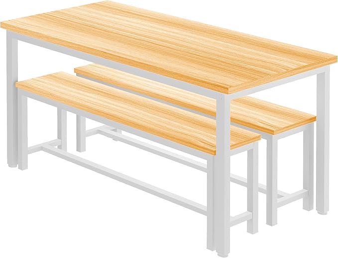 AWQM Dining Table Set with Two Benches, Kitchen Table Set for 4-6 Persons, Kitchen Table of 47.2 x 28.7 x 28.7 Inches, Bench of 41.3 x 11.8 x 17.7 Inches Each, Oak