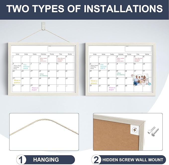 Calendar Whiteboard for Wall, 17x13 Inches Dry Erase Calendar for Wall, Small Magnetic Monthly White Board with Wood Framed, Hanging Dry Erase Board for Kitchen Home Office School Planner