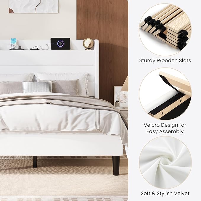 SHA CERLIN Queen Bed Frame with Charging Station, Velvet Upholstered Platform Bed, Wingback Storage Headboard, Type-C & USB Ports, Strong Wooden Slats, No Box Spring Needed, Easy Assembly, White