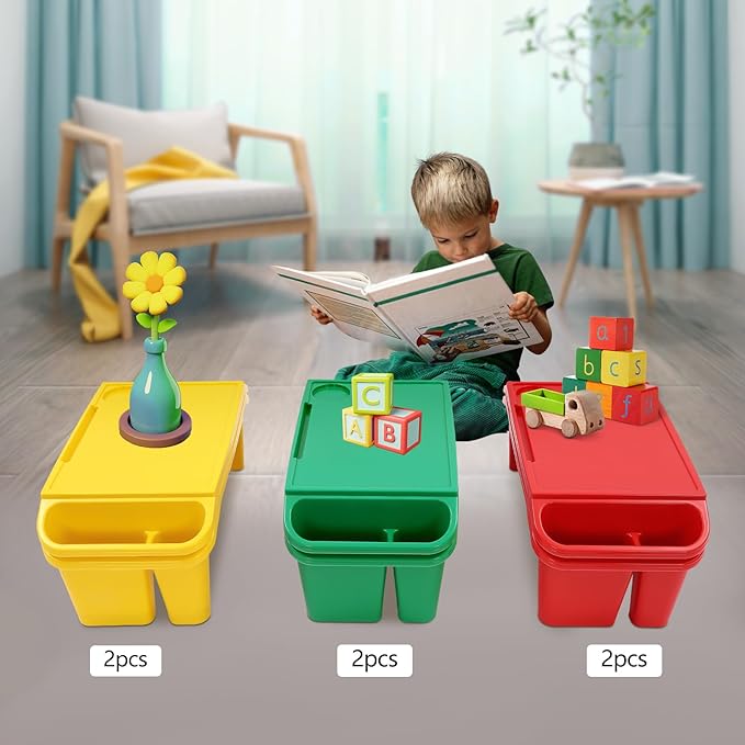Set of 6 Kids Lap Desk Tray, Portable Activity Table, Plastic, Stackable for Drawing, Writing, Eating, Classroom, 19.69" L x 9.84" W x 7.09" H (Red, Green, Yellow)