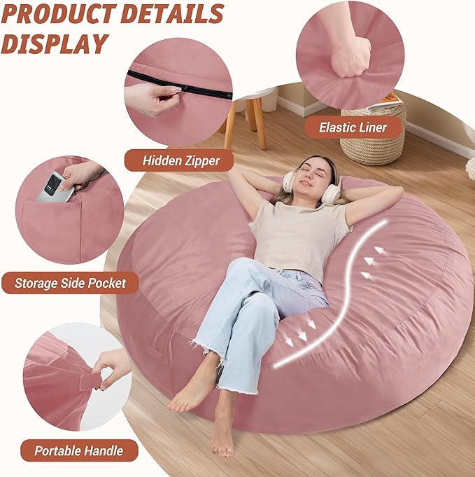 7FT Bean Bag Chair with Ultra Soft Velvet Cover Bean Bag Sofa with Memory Foam Bean Bag Chairs with Large Size Lazy Sofa for Dorm Office Living Room Bedroom Dusty Pink 7'