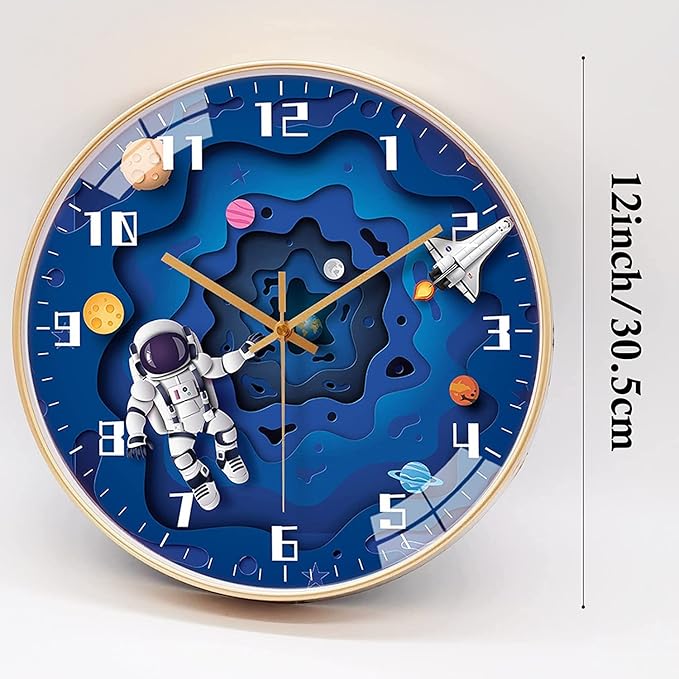 12 Inch Silent Movement Kids Wall Clock, Non Ticking Children Round Wall Clock Battery Operated Space Travel Style Decor Children Clock for School Boys Bedroom Living Room Space Decor (Blue)