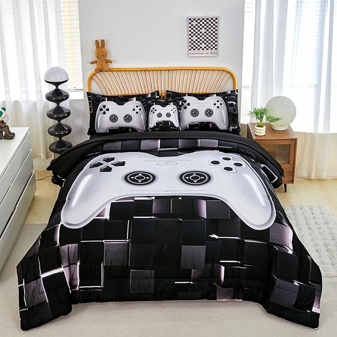 PERFEMET 6 Pieces Bed in A Bag Gamer Comforter Set Queen Size-Black White Game Console Bedding Set for Boys Girls-Soft Comfy 3D Cool Video Game Kids Bed Set(White, Queen)