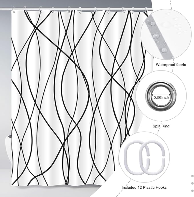 Punkray Black and White Striped Wavy Line Polyester Shower Curtain for Bathroom with Hooks, Weighted Hem, Waterproof Bath Accessories Hotel Style, 72 x 78