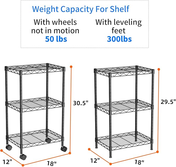 Small 3 Tier Shelves Storage Wire Shelving Unit Metal Shelf Adjustable Organizers Storage Shelving with Wheels for Bathroom Laundry Room Kitchen Pantry12”D x 18”W x 30.7”H Black