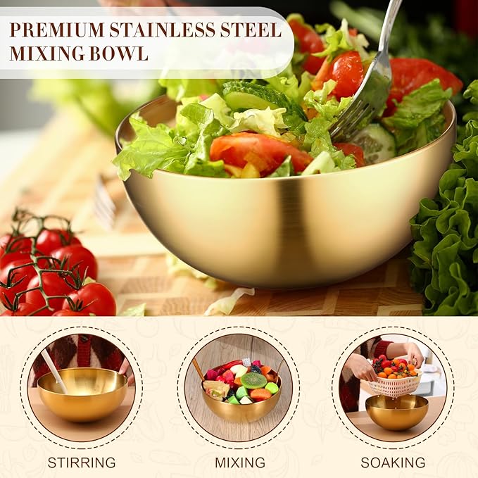 Nuogo 10 Pcs Stainless Steel Mixing Bowls Decorative Esthetician Bowls for Wedding Party Baking Prepping Serving Facial Food Salad Fruit Snack Soup Cereal(9.8 Inch,Gold)