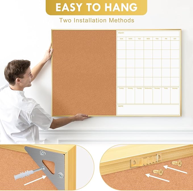 ARCOBIS Dry Erase Calendar with Cork Board, 36"x24" Magnetic White Board Calendar Dry Erase for Wall, Gold Frame Combination Board for Office, Home, School