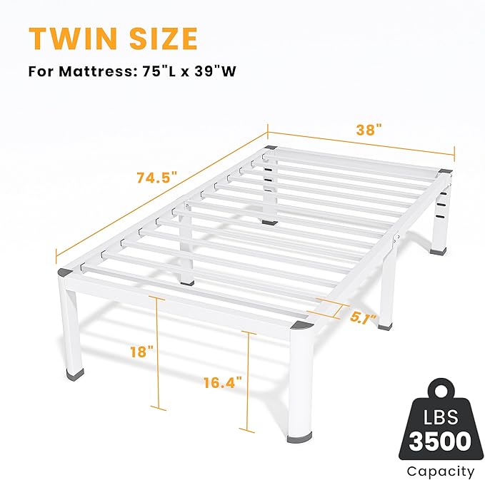 18 Inch Twin Size Metal Bed Frame with Round Corners, Storage Space Under High Bed Frame-Heavy Duty Steel Slats Support, Noise Free - Easy Assembly - No Box Spring Needed,White