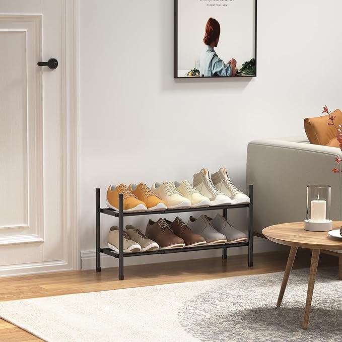 Expandable Shoe Rack, 2 Tier Shoe Rack for Closet, Stackable Adjustable Standing Metal Shoe Shelf Organizer Storage, Small Shoe Racks for Front Door Entrance、Entryway(Black)