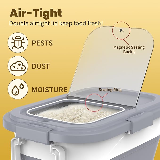 30-40Lbs Rice Container,Collapsible Airtight Food Storage Containers with Wheels,Handle,Rice Storage Container with Small Bin and Scoop,Rice Dispenser for Flour Sugar Cereal Grain Dog Cat