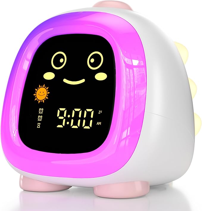 Cute Kids Clock, Night Light for Kids with Snooze Mode Sleep Timer Dual Alarm Sleep Training 3 Brightness 10 Color Night Light Adjustable Volume Memory Battery, Ok to Wake Clock for Kids