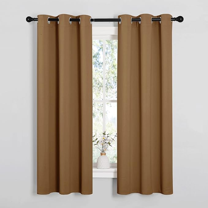 NICETOWN Sleek Blackout Curtains 63 inches Length for Small Windows, Noise Reducing and Block Draft Panels for Door Doorway Laundry Office Luxury Decor Theme (2 Panels, Gold Brown, W34 x L63 -Inch)