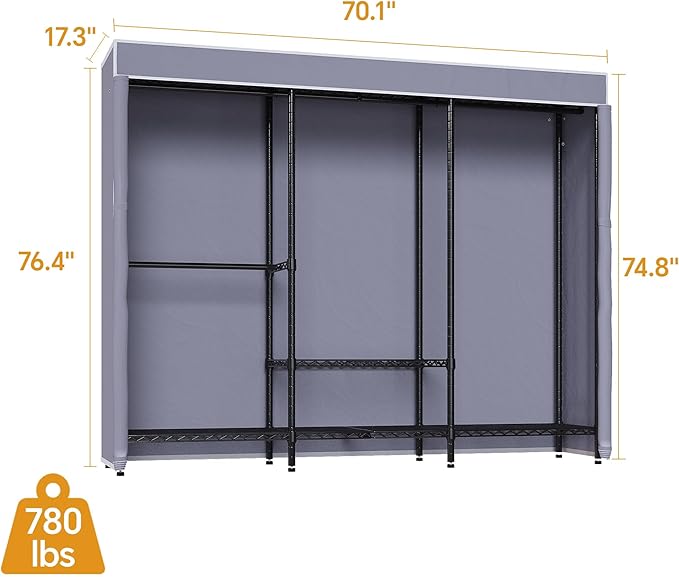 H8 Heavy Duty Clothes Rack with Cover, Covered Garment Rack with Shelves, Wardrobe Closet with Cover, Portable Closet Organizer Storage, Black Clothing Rack with Grey Cover