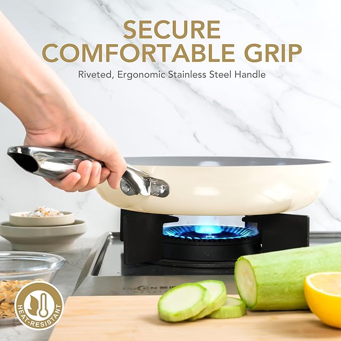 MICHELANGELO Non Stick Frying Pans - 10 Inch Frying Pan Nonstick with Lid, Nonstick Skillet with Lid, Non Toxic Frying Pan, Ceramic-Coated, Beige